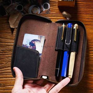 Pencil Bags Portable Crazy Horse Leather Zipper Pencil Bag Retro Pen Pouch School Students Cowhide Stationery Bag with 3 Pen Slots Wholesale HKD230901