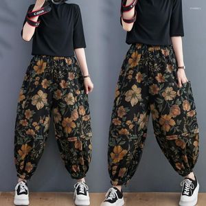 Kvinnors jeans 2023 Spring Autumn Arts Style Kvinnor Elastisk midja Löst Casual Vintage Flowers Print Cotton Denim Wide Leg Pants P121