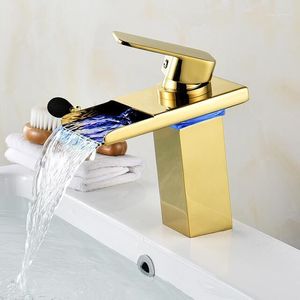 Bathroom Sink Faucets Waterfall Faucet LED Faucet. Gold Brass Basin Mixer Tap Deck Mounted