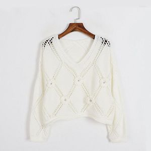 Women's Sweaters Crochet Hollow Out Sweater Shirt 2023 Loose Cropped Tops V-neck Hook Flower Short Pullover Sueter Mujer