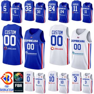 Tryckt 2023 VM 3 Jean Montero Jersey Basketball Dominikanska republiken 5 Victor Liz 0 Antonio Pena 10 Andres Feliz Karl-Anthony Towns 32 24 L.J. Figueroa Blue White