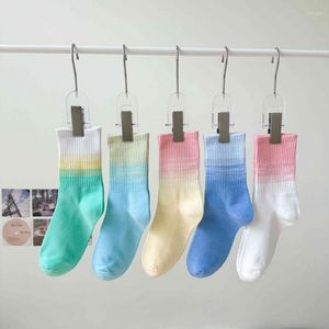 Women Socks Tie Dyed Gradient Cotton For Spring And Autumn College Style Candy Color Fashionable Medium Tube