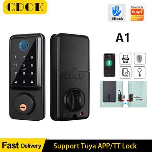 Дверные блокировки CDOK A1 Auto Finger -отпечатки Deadbolt Smart Door Lock TT Lock/Tuya Wi -Fi Digital Lock с паролем датчика дверей/IC Card/App/Key HKD230902