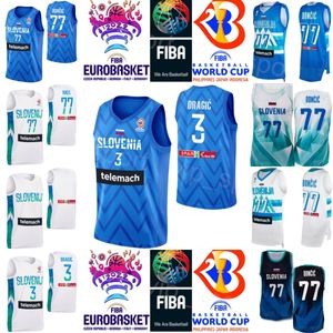 Stampa Coppa del mondo di basket 2023 Slovenia 10 Mike TOBEY Maglia 6 Aleksej NIKOLIC 7 Klemen PREPELIC Luka Doncic 77 32 BINE PREPELIC 30 ZORAN DRAGIC Blu navy Bianco