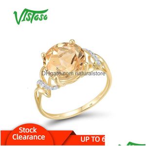 Rings Vistoso Genuine 14K 585 Yellow Gold Ring For Women Sparkling Diamond Citrine Attractive Engagement Dalicate Fine Jewelry Drop D Dhktl