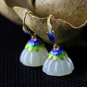 Dangle Earrings S925 Silver Jewelry Woman Blue Lotus Thai National Scenery And Hetian Natural Stone For