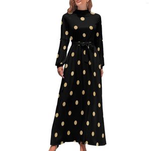 Casual Dresses Gold Dot Print Dress Polka Dots Cute Pattern Maxi High Neck Long Sleeve Boho Beach
