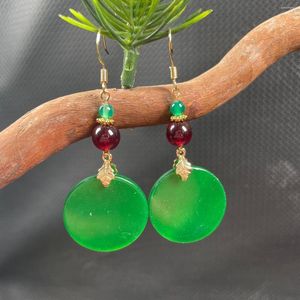 Brincos pendurados exclusivos verde jade esmeralda redondo brinco plano para mulher natural grande pendurado joias artesanais presente para meninas