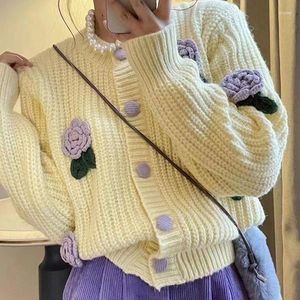 Women's Knits 2023 Autumn Fashion Round Neck Sweaters Women Coat 3D Flower Lazy Loose Sweet Knitted Cardigan Top Female Clothing