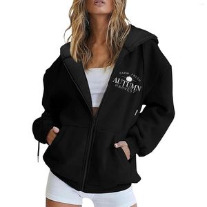 Kadın Hoodies Vintage Sonbahar Kış Ceket Giysileri Bayanlar Baskılı Uzun Kollu Kapüşonlu Kazak Zipper Cep 2023