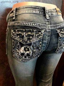 Women's Jeans Skull embroidered beaded elastic sexy high-waist straight-leg pants female Y2K trend fashion punk slim black jeans female Q230901