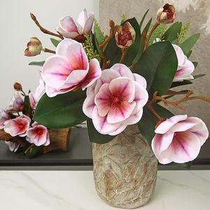 Decorative Flowers European Artificial Magnolia Fake Leaf Floral Wedding Bouquet DIY Flower Arrangements Home Party Desktop Decor