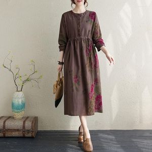Sıradan Elbiseler 2023 Varış Baskı Çiçek Prairie Chic Vintage Sonbahar Elbise Çizim Ofis Lady Work Moda Kadınlar