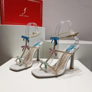 2023 RENE CAOVILLA SANDALS NEW BOW DECORATION SATIN SATIN WOMEN 10CM HEIT HEILS CRYSTAL BACKLE SQUOSE TOE OPEN TOE FINE BANDコンビネーションブランドデザイナーシューズ