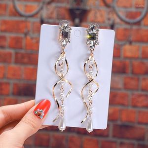 Dangle Earrings Elegant Crystal Simulated Pearl Long For Women Jewelry Gold Color Metal Pendientes Female Korean 2023