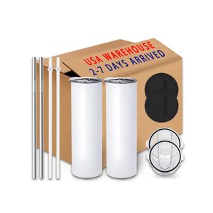 25pcs/Carton 20oz Mugs Sublimation Blanks Straight Tumbler 20 oz Stainless Steel Double Wall Insulated Slim Water Tumbler Cup with Lid and Straw