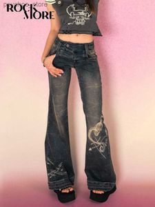 Vaqueros de mujer Rockmore Y2K Vaqueros acampanados de talle bajo para mujer Ropa de calle Pantalones vaqueros con estampado estético Pantalones vaqueros lavados vintage Grunge Fairycore Q230901