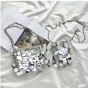 Kvällspåsar Luxury Women Designer Silver Metal Sequins Chain Woven Bag Clutch Female Holiday Shoulder Bag 230901