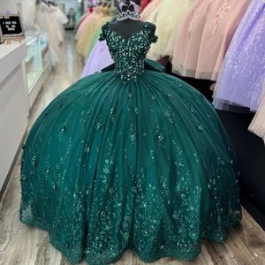 Lüks siyahımsı yeşil prenses quinceanera elbiseler boncuk aplikeler dantel parti elbise tül zarif tatlı vestido de 15 16 anos