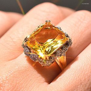 Anéis de cluster Hyperbole 14k cor de ouro topázio anel para mulheres 925 sliver bizuteria bague médio amarelo gemstone jóias navio livre