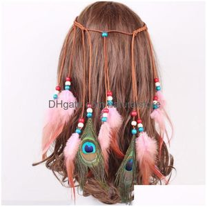 Headbands Pure Color Feather Colorf Hair Rope Indian Style Woven Hairbands 7 Colors Wholesale Drop Delivery Jewelry Hairjewelry Dhguc