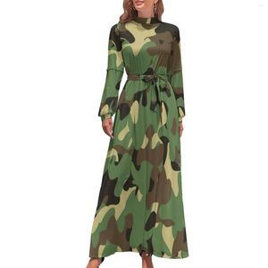 Vestidos casuais verde camuflagem vestido exército como impressão bonito maxi street wear bohemia longa cintura alta vestidos gráficos