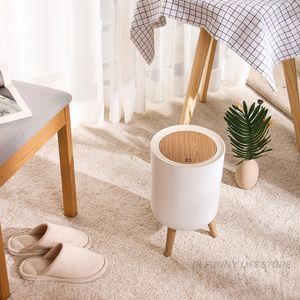 Waste Bins Wooden High Foot Trash Can For Bathroom Creative Kitchen wastebin with Press Cover Living Room Toilet Garbage container 230901