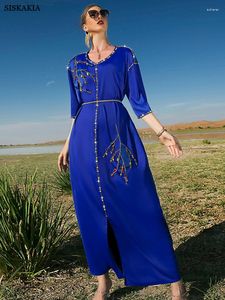 Ethnic Clothing Muslim Dress Women Floral Embroidery Diamonds Solid Royal Blue Satin Half Sleeve V-Neck Split Hem Long Dubai Abaya Belted