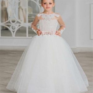 Abiti da ragazza Abito a fiori Bianco soffice tulle a maniche lunghe Fiocco Cintura Applique Matrimonio Elegante Festa di comunione per bambini piccoli