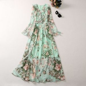 Autumn Green Floral Print Ruffle Chiffon Dress Long Sleeve V-Neck Panelled Long Maxi Dresses A3Q191340 Plus Size XXL