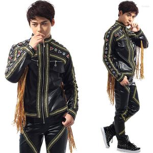 Stage Wear Hip Hop Jazz Dance Costumes For Men Black Leather Suit Tassel Jacket Pants Ballroom Clothes Rave Outfits XS1723