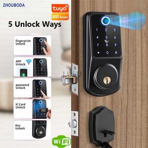 Fechaduras de porta Tuya Wifi Smart Home Lock com APP remotamente biométrico de impressão digital Smart Card senha chave desbloqueio fechadura de porta eletrônica para casa HKD230902