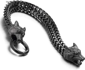 COOLSTEELANDBEYOND Biker Men's Stainless Steel Wolf Head Franco Chain Bracelet with Spring Loop Buckle