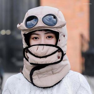 Berets Winter Bomber Hat With Glasses Masks Windproof Hood Pilot Russian Hats Warm Earflap Trapper Cap Adult Balaclava Ski Caps
