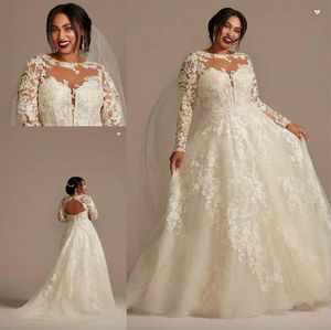 Cassini Lace Oleg Illgusion Long Sleeve Plusサイズのウェディングドレス2023 Sheer O-Neck Applique Floral Puffy Skirt Princess Bridal Gown Robes