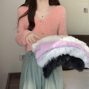 Kvinnors stickor kvinnor chic fluffig stickad cardigan toppar höst vinter tröja kort jacka y2k kläder rosa