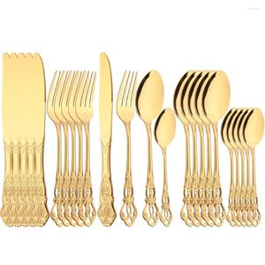 Conjuntos de louça 24 pcs conjunto de talheres reais ouro colher de aço inoxidável garfos facas cozinha vintage jantar talheres presente