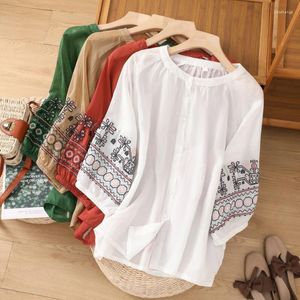 Blusas femininas bordadas verão 2023 solto topo o pescoço senhoras roupas estilo chinês algodão linho camisas femininas ycmyunyan