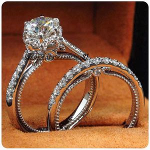 Vintage Bridal ring sets Silver Color Crystal AAAA cz Lovers Promise Wedding Band Rings for women Fashion Party Jewelry