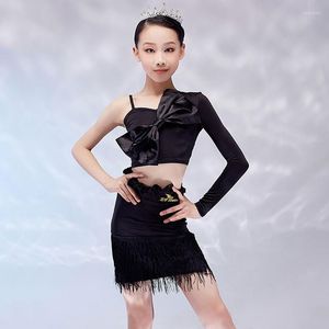 Scene Wear Girls's Latin Dance Costumes Black Tops Fringed Kjol Dancing Practice Performance Outfits Samba Rumba Clothes VDB3404