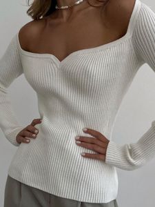 Women's Sweaters Sexy Square Neck White Knitted Pullovers Sweater Women 2023 Autumn Winter Long-sleeved Casual Solid Color Ladies Thin