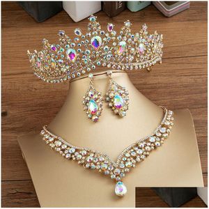 Smycken sätter Kmvexo Gorgeous Crystal Ab Bridal Fashion Tiaras örhängen Halsband Set For Women Dress Crown Drop Delivery Dhoy5