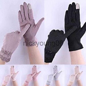 Fünf-Finger-Handschuhe, 1 Paar, Anti-UV, dünne Spitze, Schleife, Wellenpunkt, Sonnenschutz, Fahren, Touchscreen, schwarze Fäustlinge, Damen x0902 x0903