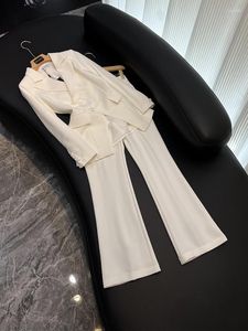 Женские брюки с двумя частями стильные кнопки Lady Office Basic Solid Sutted Streated Blazer Loose Flared Women 2pcs White