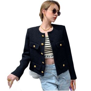 New european fashion women's o-neck long sleeve single breasted tweed woolen gold buttons jacket coat S M L