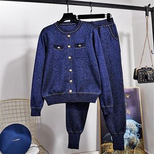 Zweiteilige Damenhose, marineblauer gestrickter Trainingsanzug, lockerer Strickanzug für Damen, heller Seidenpullover, Pullover, Bleistift-Set, weibliche Sport-Outfits