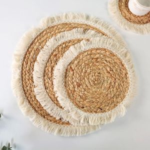Table Mats 1PC Round Straw Placemat Water Hyacinth Woven Western Restaurant Mat With Thickened Insulated Fringe Edge Coasters