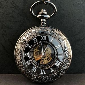 Pocket Watches Black Vintage Roman Numeral Watch Hand-winding Men Steampunk Chain Gift Mechanical Clock WP5012