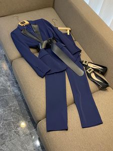 2023 Autumn Blue Contrast Color Two Piece Pants Sets Long Sleeve Notched-Lapel Panelled Blazers Top & Long Pants Suits Set Two Piece Suits O3G302583