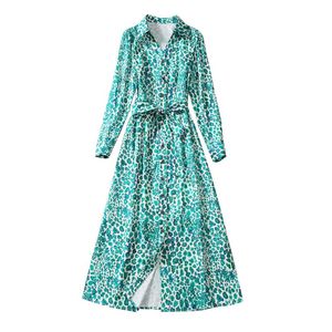 Autumn Green Floral Print Belted Shirt Dress Long Sleeve Lapel Neck Buttons Single-Breasted Casual Dresses A3Q191340 Plus Size XXL